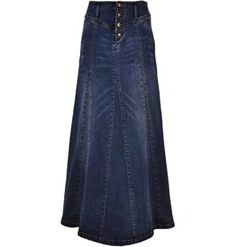 Retro Exposure Button-Fly Packaged Hip A-Line Denim Maxi Skirt